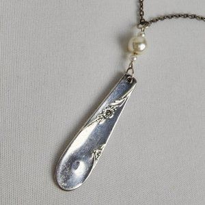 HANDMADE Silverware Faux Pearl Pendant Silver Chain Necklace